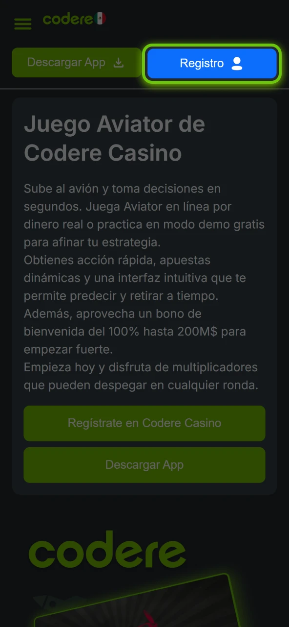 Accede al sitio oficial de Codere Casino y crea tu cuenta para jugar Aviator.