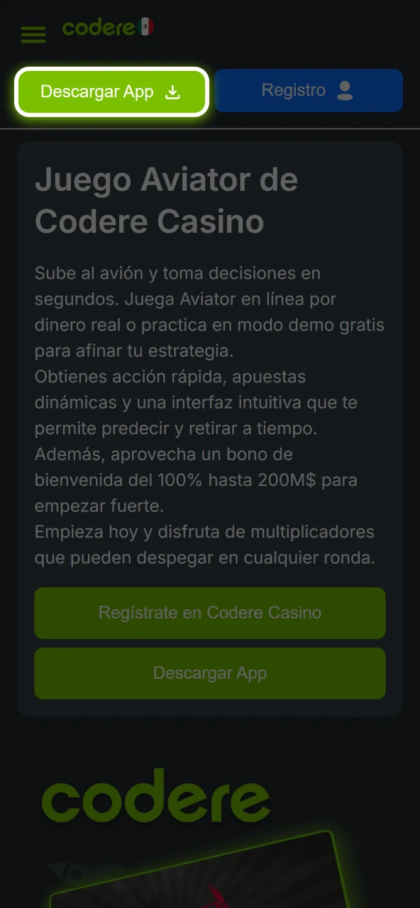Entra al sitio oficial de Codere Casino y descarga el APK de Aviator.