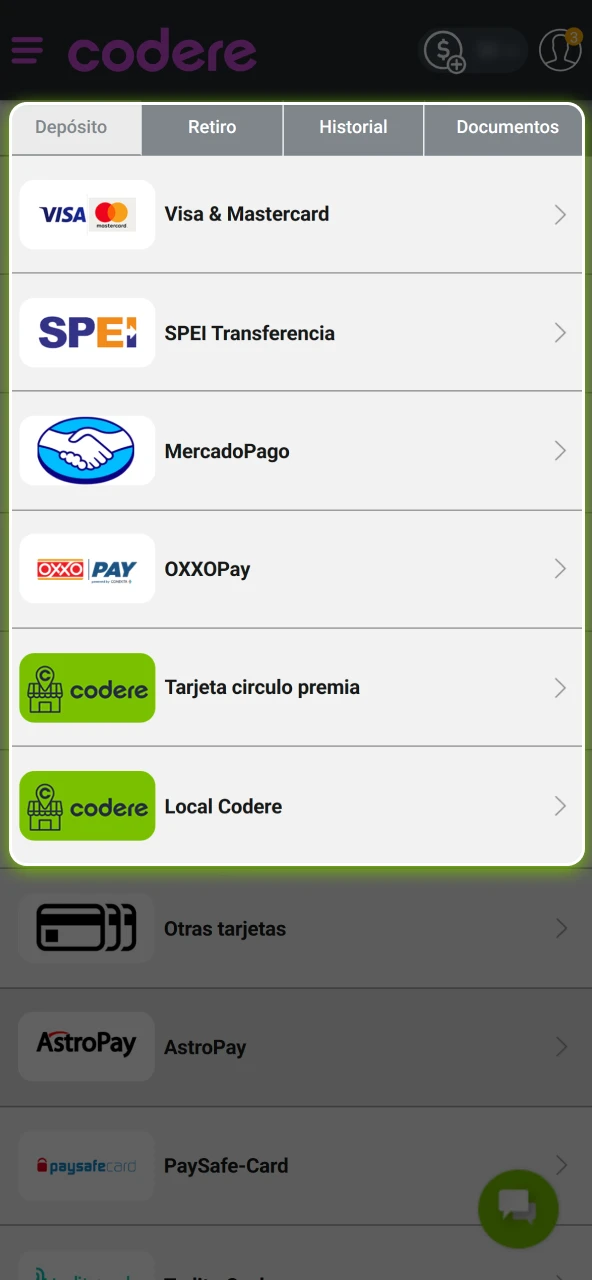 Inicia sesión en Codere, deposita por SPEI u OXXOPAY y abre Aviator.