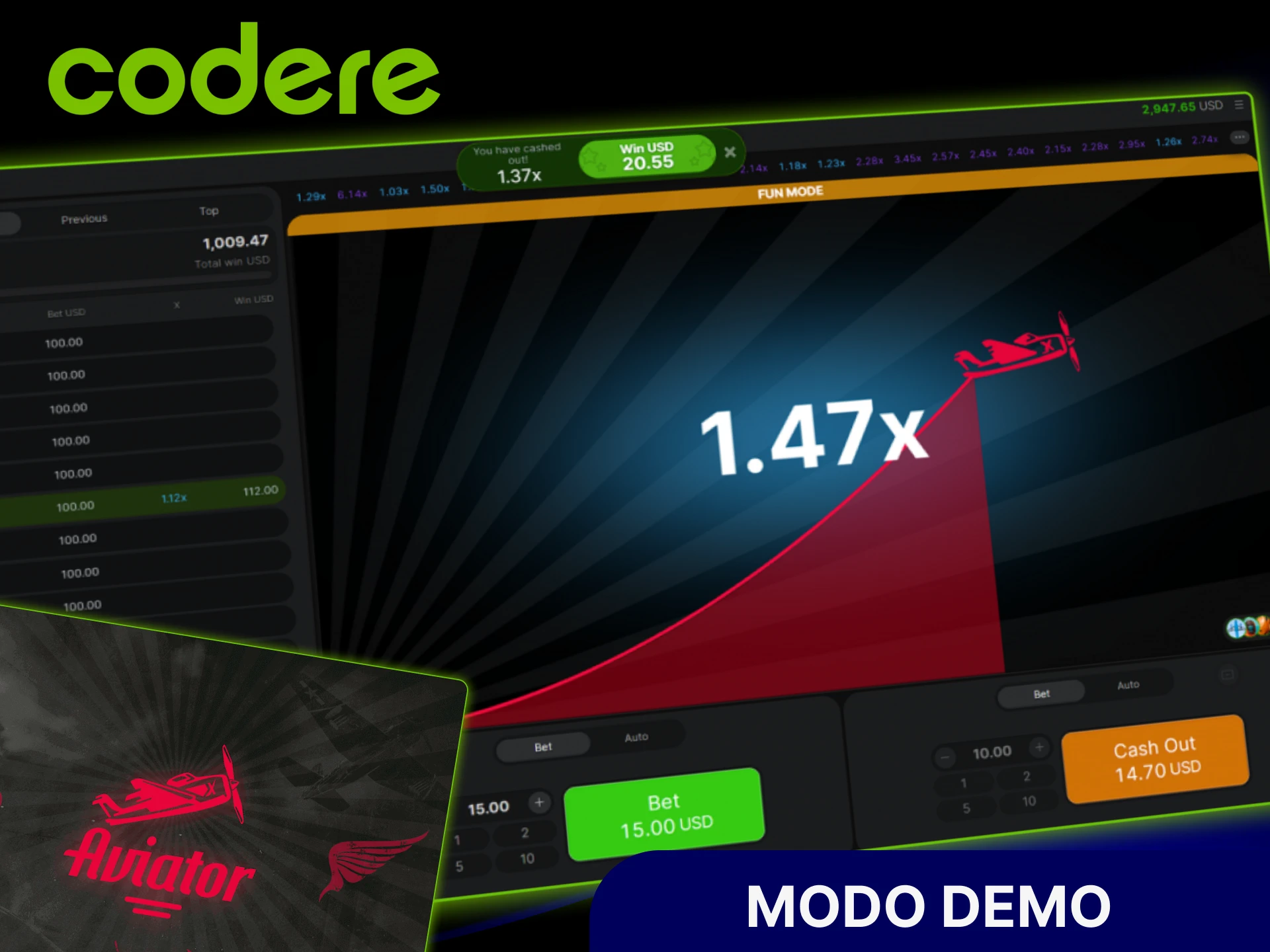 Prueba el modo demo de Aviator en el sitio oficial de Codere Casino sin riesgo.