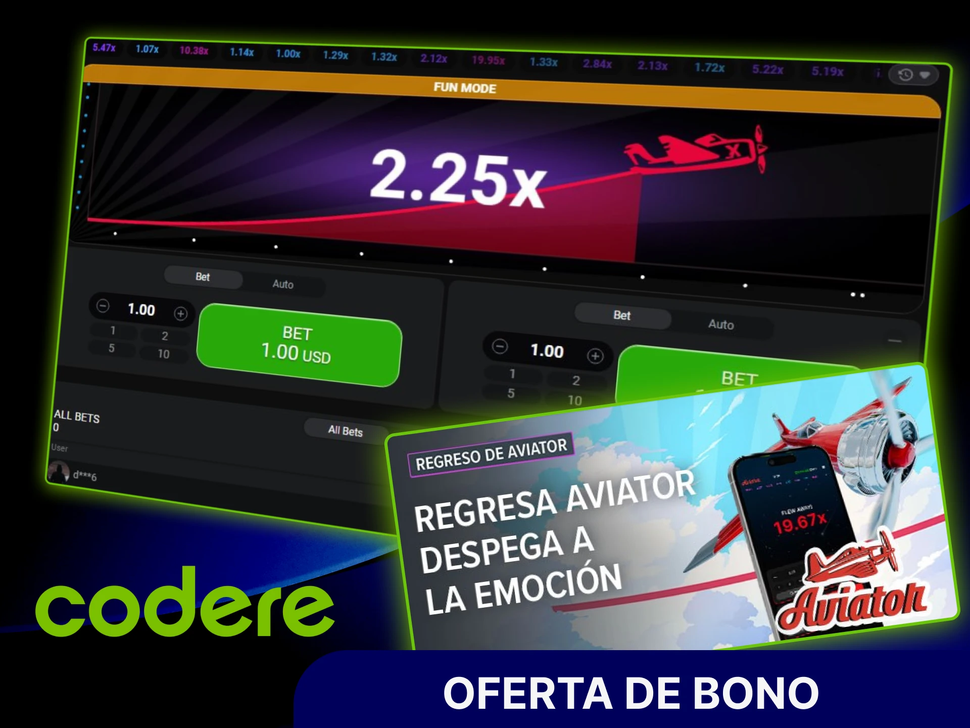 Aprovecha la oferta de bono para jugar Aviator en el sitio oficial de Codere Casino.