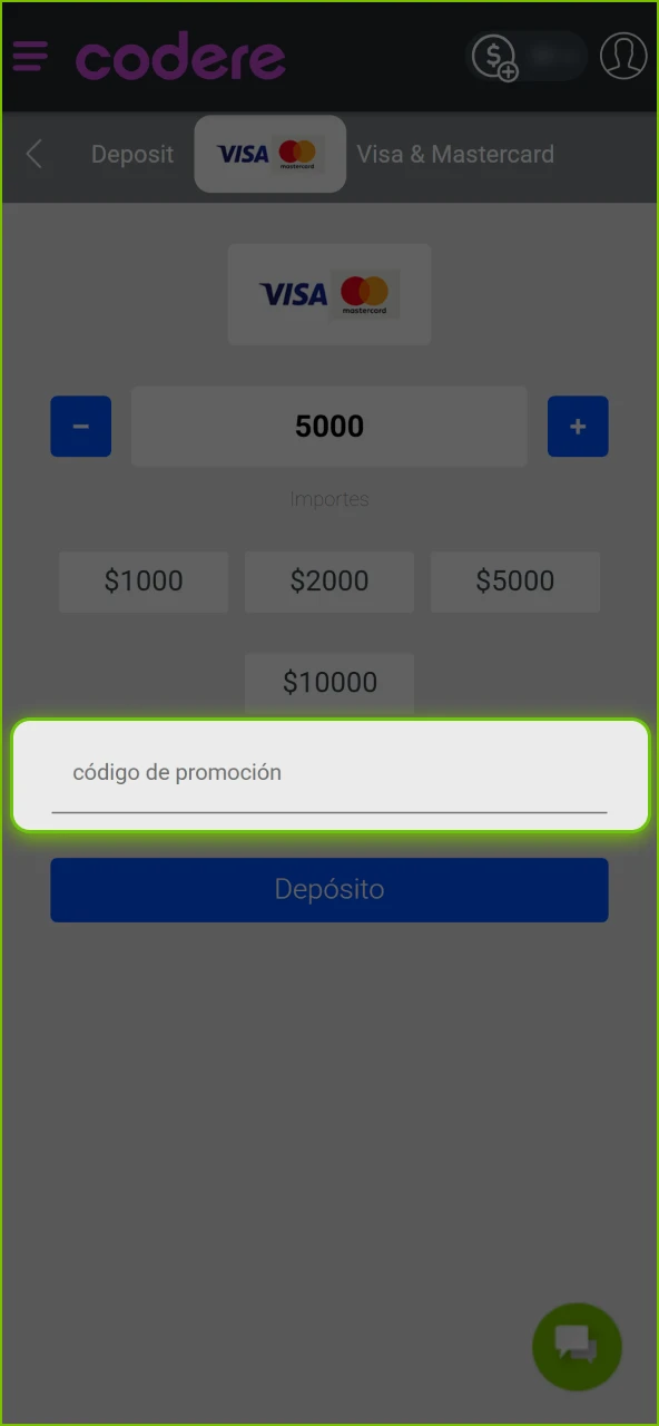 Ingresa el código promocional para activar la oferta en Codere Casino.