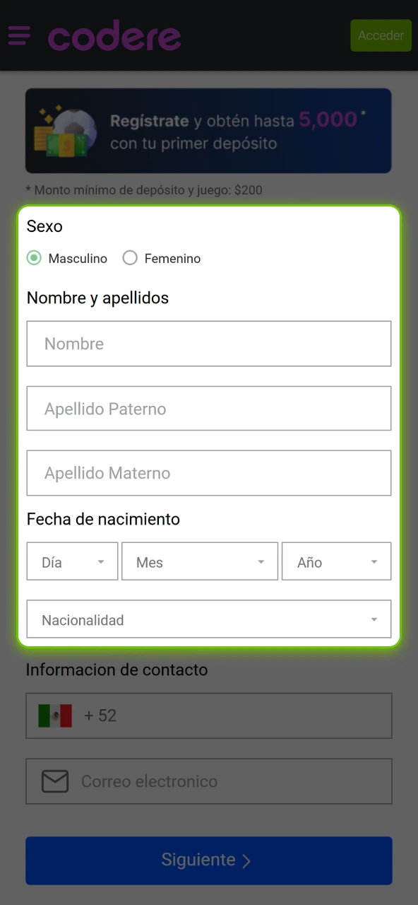 Completa el registro en el sitio oficial de Codere Casino para usar el bono.