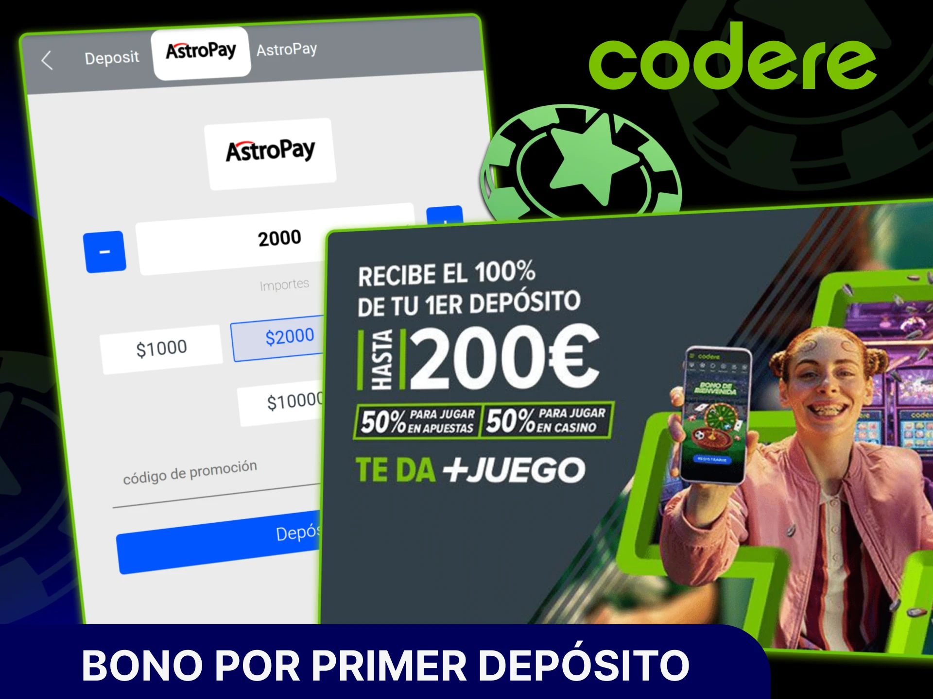 Reclama el bono por primer depósito en el sitio oficial de Codere Casino.