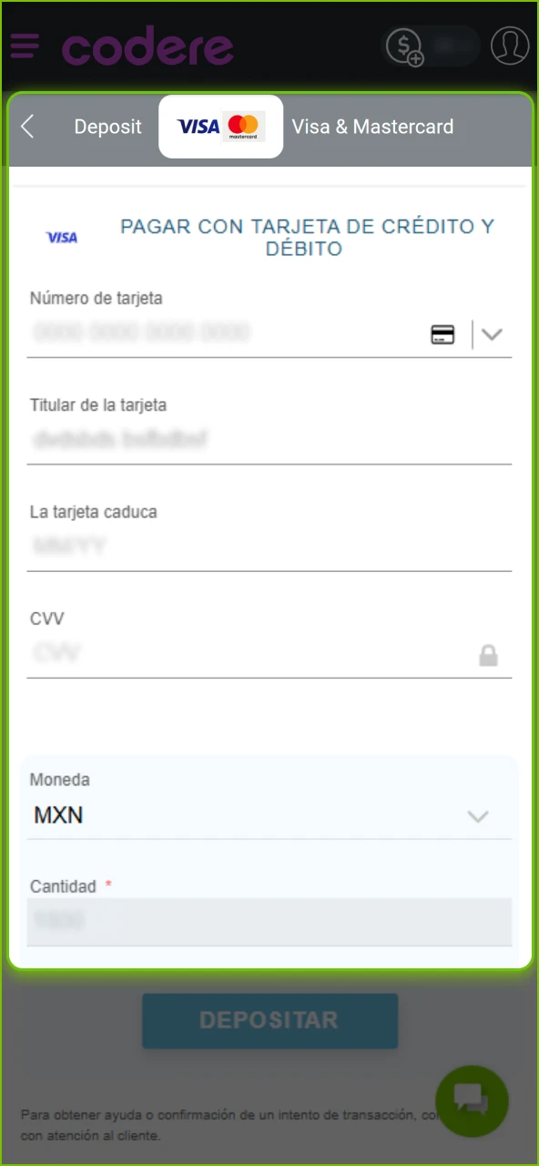 Indica el monto y completa tus datos en el sitio oficial de Codere Casino.