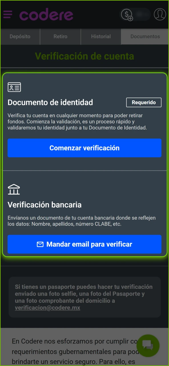 Verifica la información ingresada y confirma la operación en el sitio oficial de Codere Casino.
