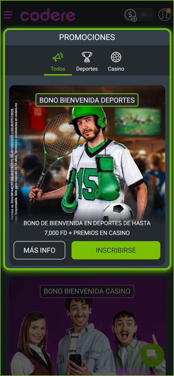 ctiva tu bono de bienvenida en Codere Casino al depositar.