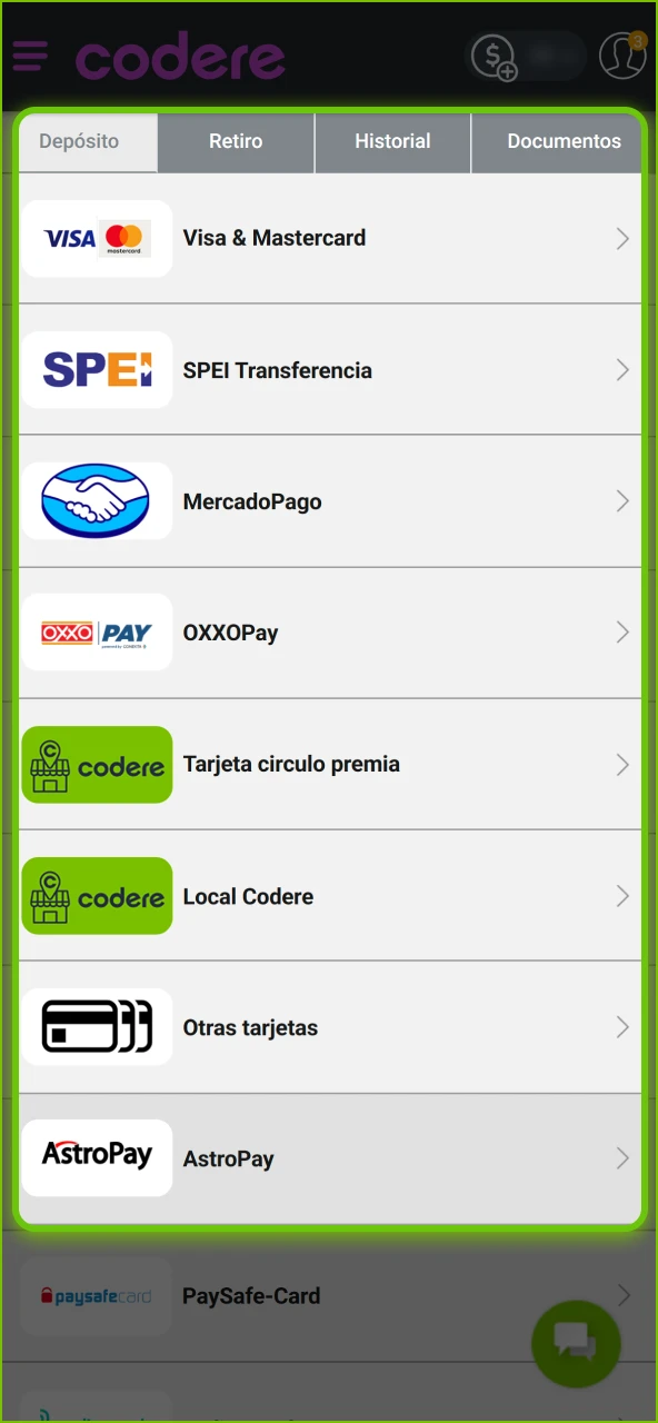 Deposita fondos usando tu método preferido en Codere Casino.