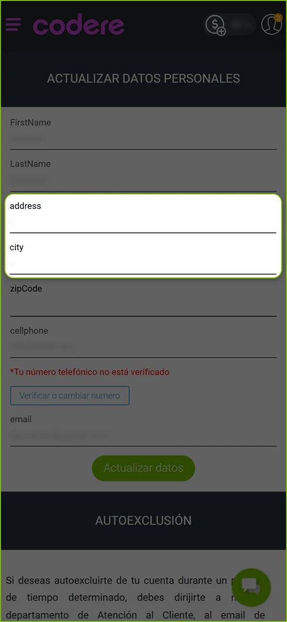 Carga un comprobante de domicilio para verificar tu cuenta en Codere Casino oficial.