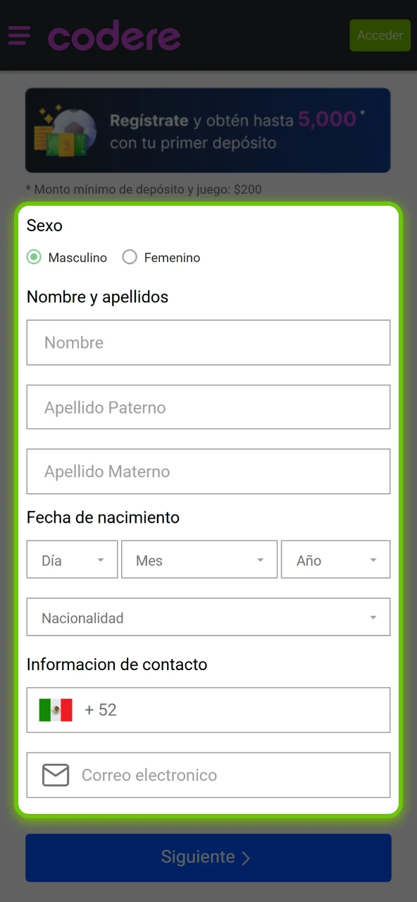 Selección del método de registro en Codere Casino con correo o teléfono.