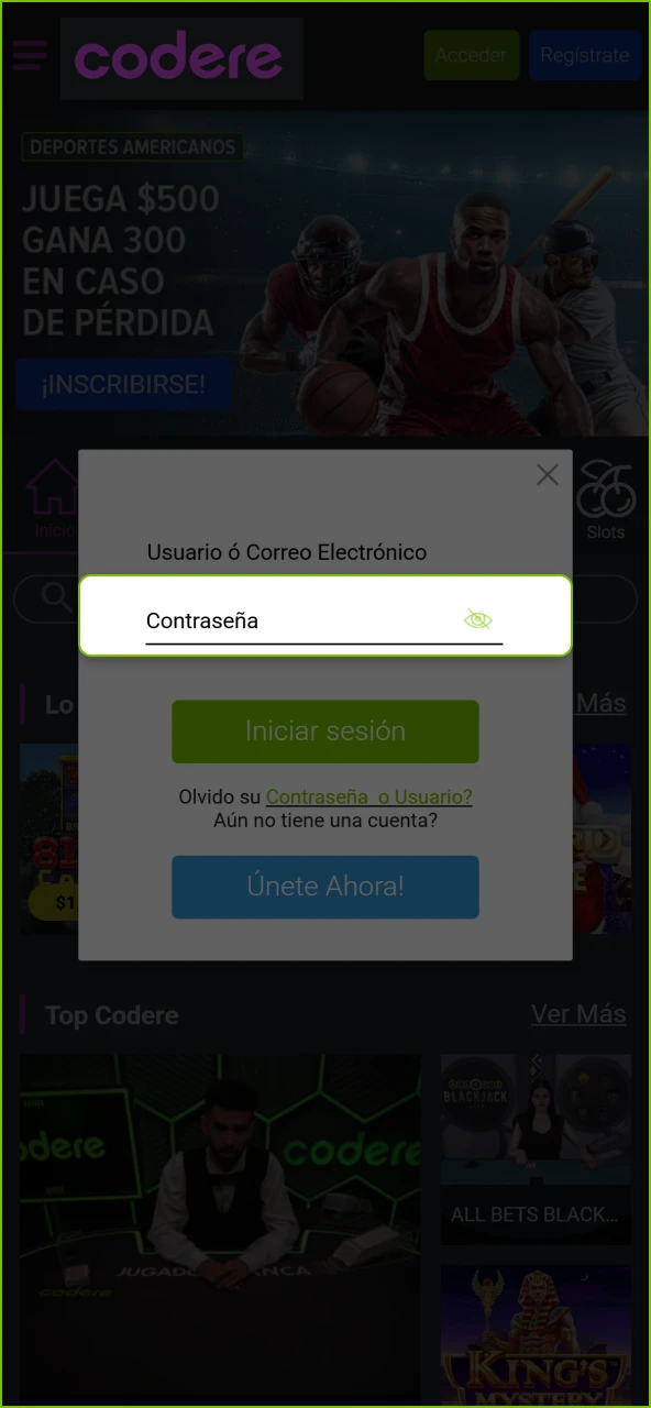 Introduce tu contraseña o usa biometría para acceder a Codere Casino.