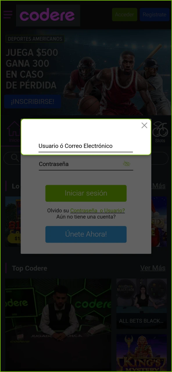 Ingresa tu correo o teléfono para identificarte en Codere Casino.