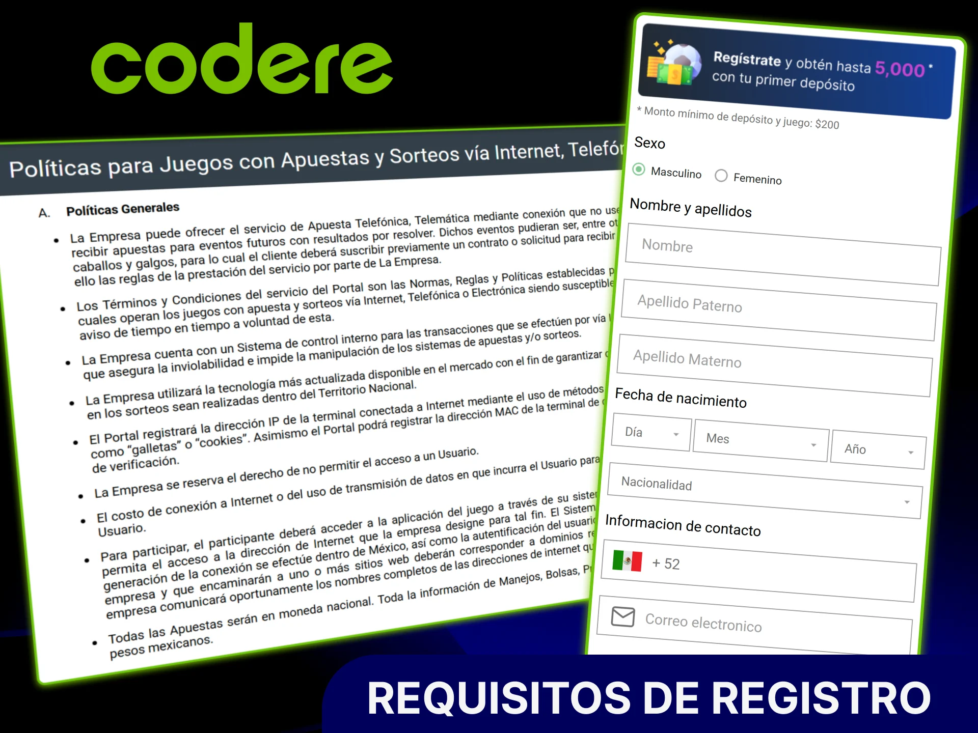 Cumple los requisitos de registro en Codere Casino proporcionando datos reales y verificación.