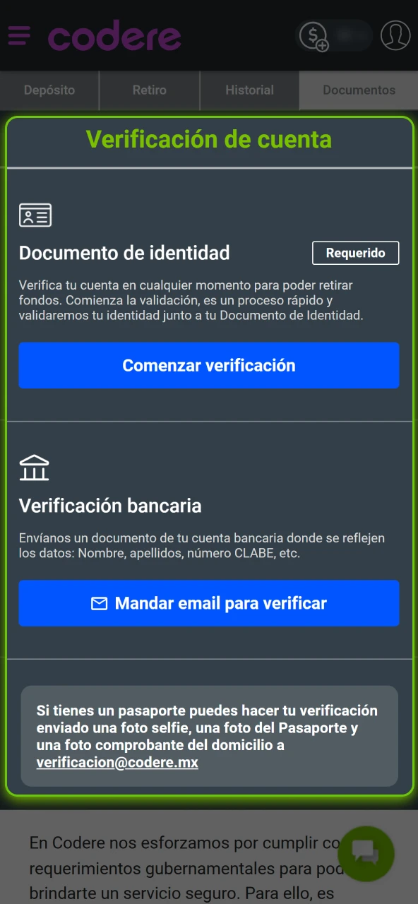 Completa la verificación de identidad en el sitio oficial de Codere Casino.
