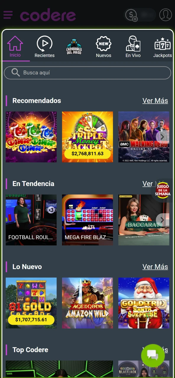 Abre el lobby de slots en Codere Casino y filtra juegos por proveedor, RTP o temática.