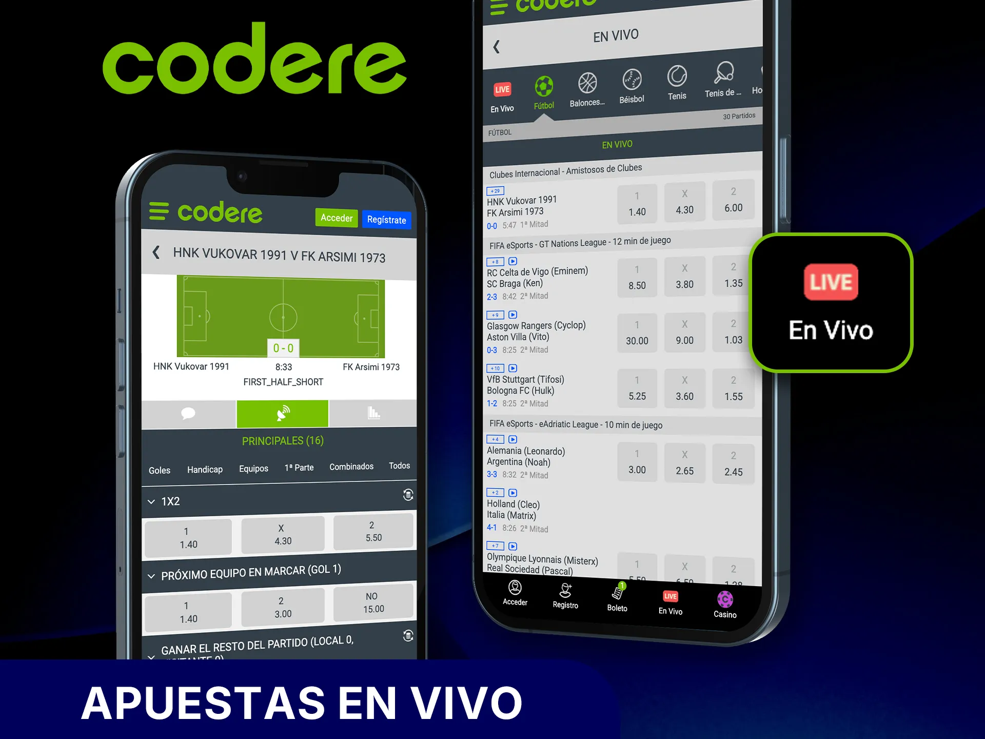 Explora las apuestas en vivo de Codere y apuesta en tiempo real.