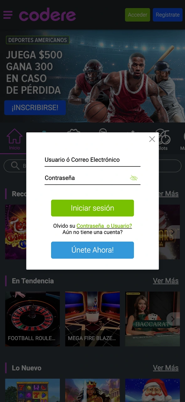 Inicia sesión en Codere para acceder a tu cuenta y jugar.