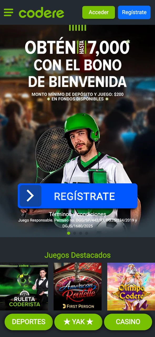 Abre la app de Codere para comenzar tu registro.