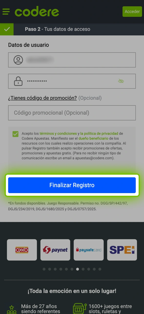 Finaliza el registro y empieza a jugar en Codere.
