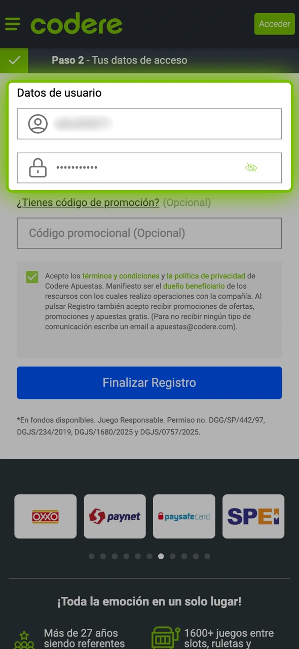 Crea una contraseña segura para tu cuenta en Codere.