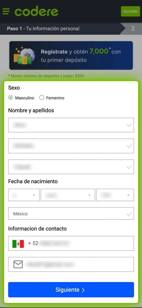 Ingresa tus datos para completar el registro en Codere.