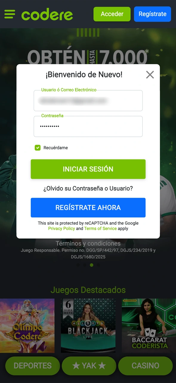 Abre Codere e inicia sesión para acceder a los juegos.