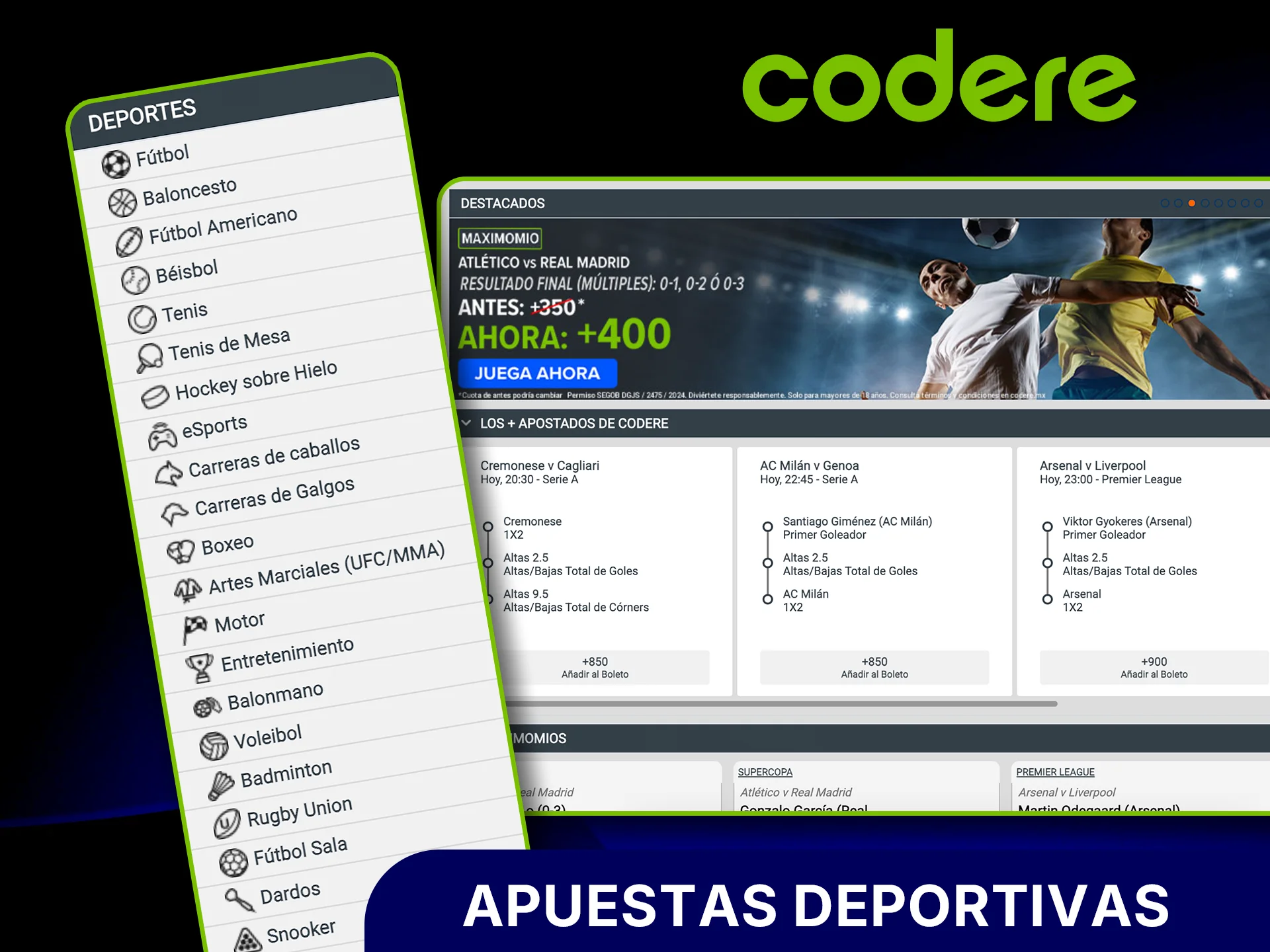 Entra al sportsbook de Codere y apuesta en eventos en vivo.