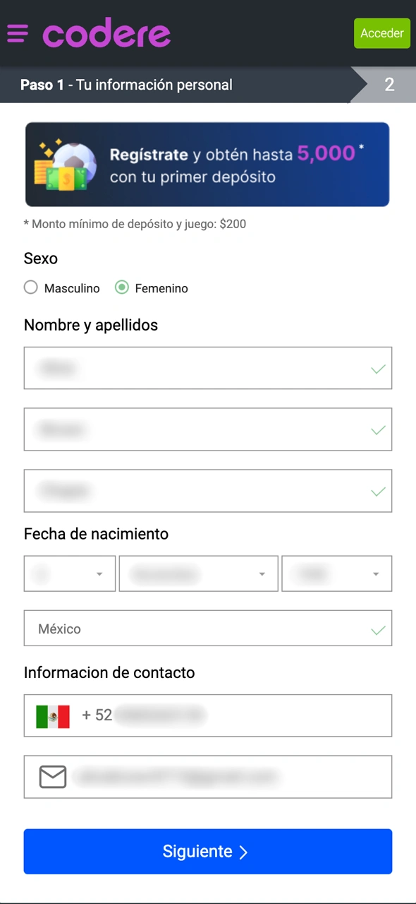 Sigue pasos simples para crear tu cuenta en Codere.
