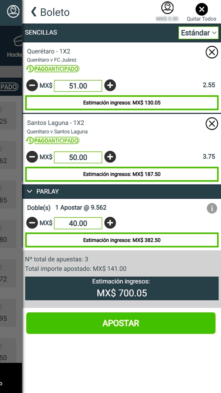 Confirmación de apuesta deportiva en Codere Casino.