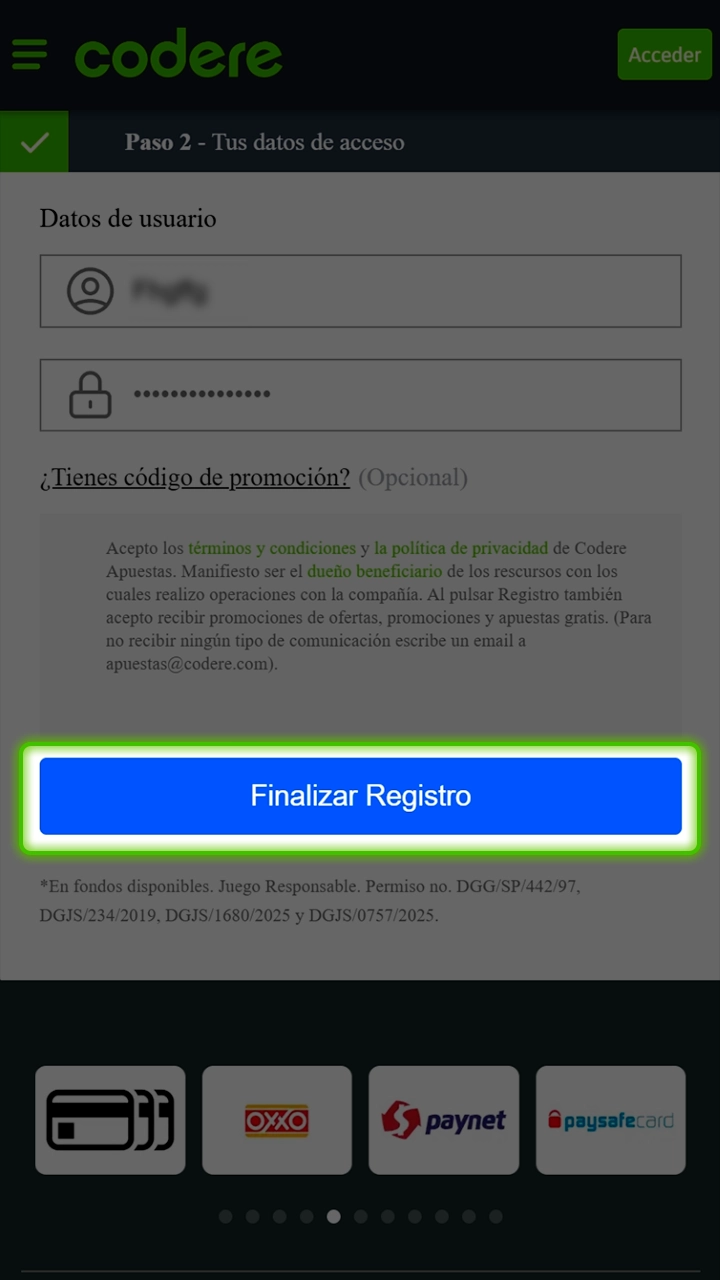 Registro de nueva cuenta de usuario en Codere.
