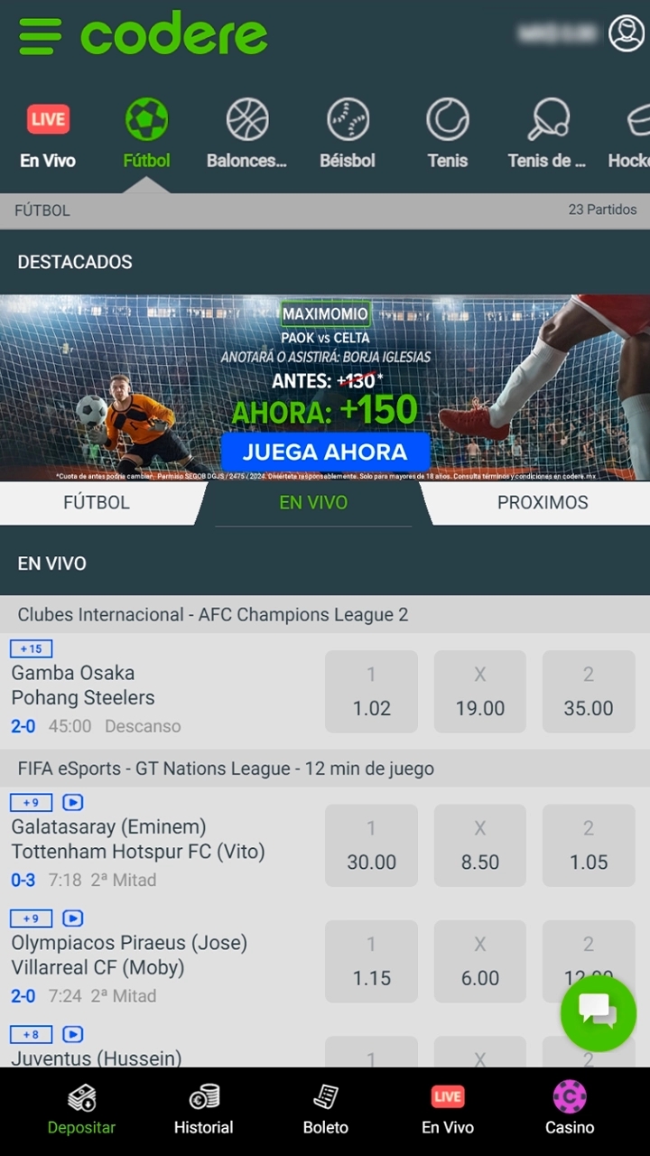 Selección de partidos de fútbol en Codere.