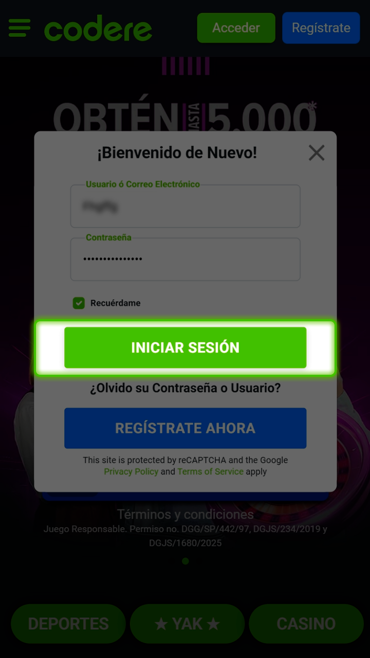 Acceso al panel de usuario en Codere Casino.