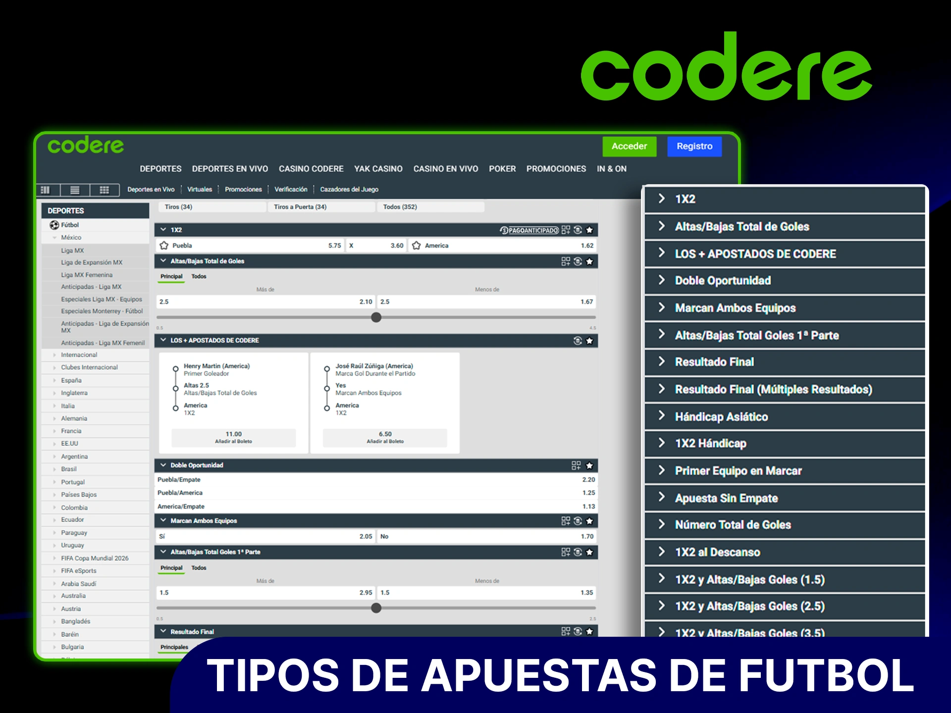 Variedad de mercados de fútbol disponibles en Codere.