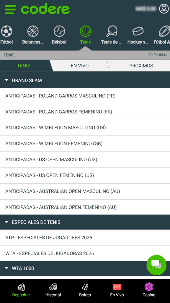 Visualización de mercados y cuotas de tenis Codere.