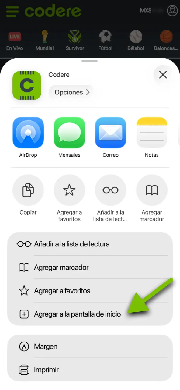 Dentro del menú desplegable, selecciona añadir a pantalla de inicio para crear el acceso directo.