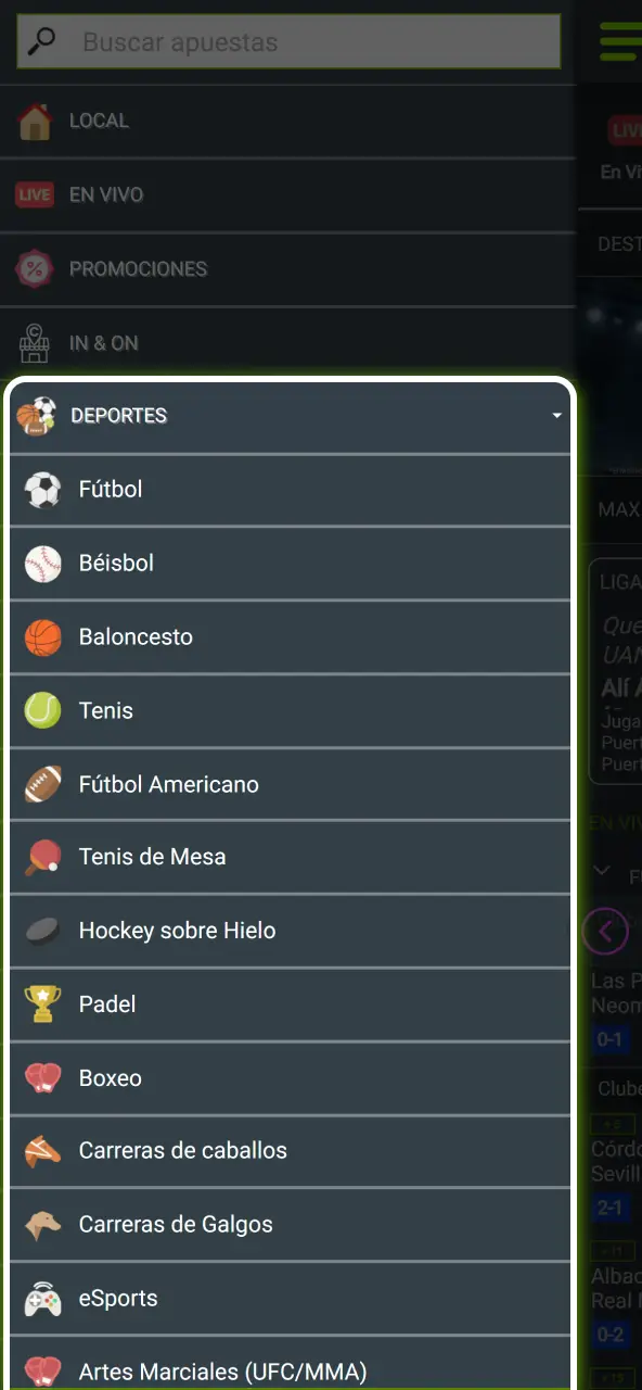 Selecciona el deporte de tu preferencia entre la amplia lista de opciones disponibles.