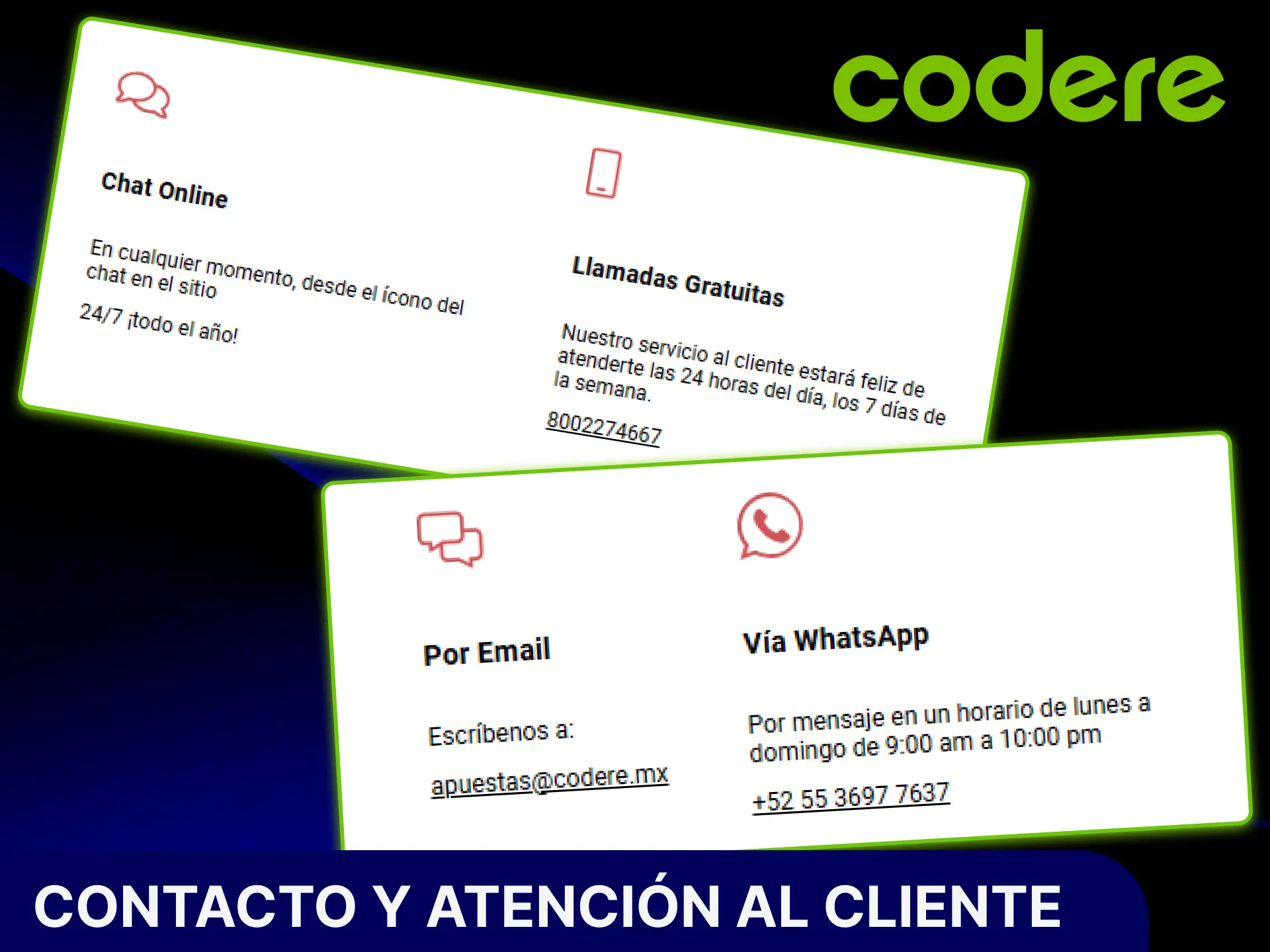 Resuelve tus dudas o consultas rápidamente mediante el contacto y atención al cliente de Codere casino.