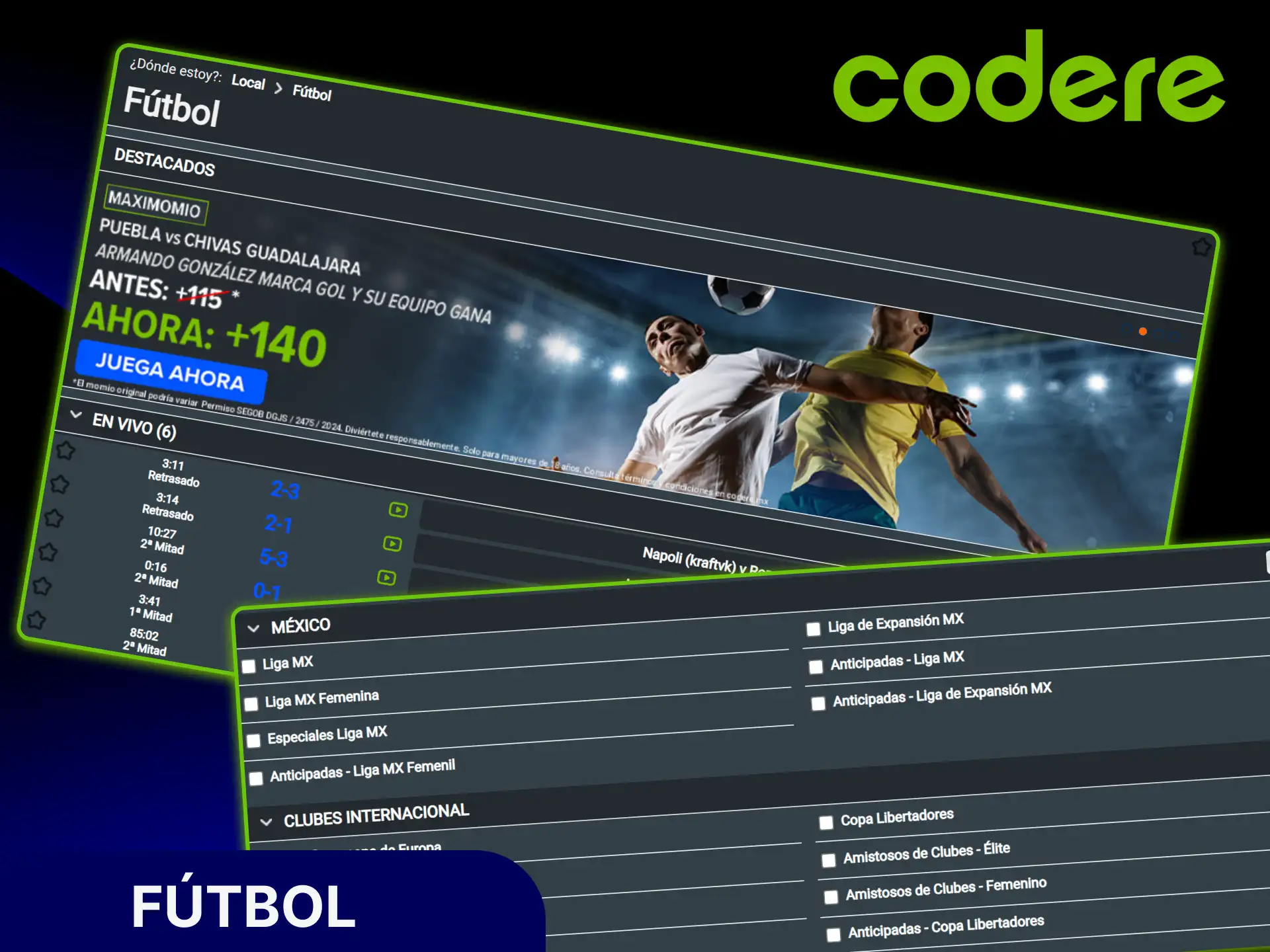Haz tus mejores pronósticos en fútbol dentro de los tipos de apuestas deportivas en Codere casino.